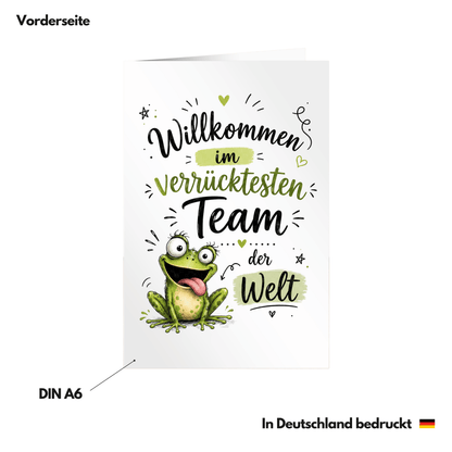 Karte "Willkommen im verrücktesten Team der Welt" (Frosch-Motiv) Vorderseite