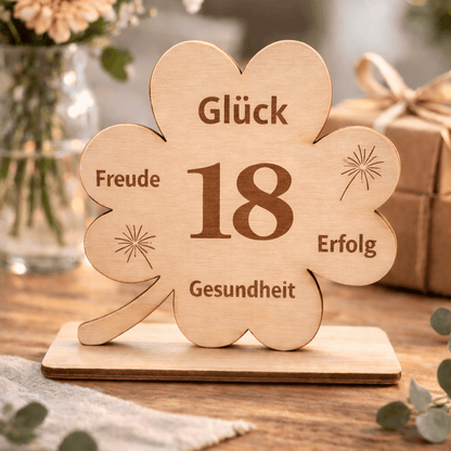 Holz Kleeblatt "18. Geburtstag"