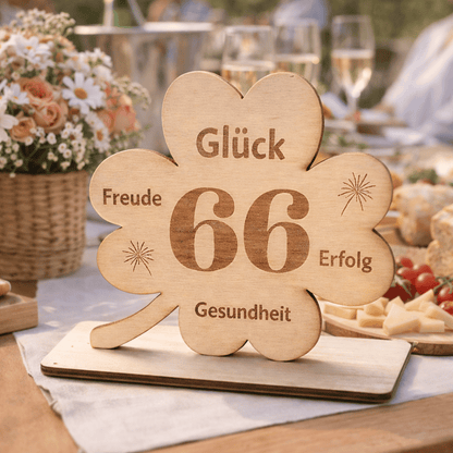 Holz Kleeblatt "66. Geburtstag"
