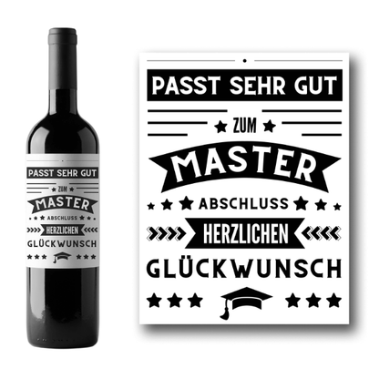 Flaschenetikett "Passt sehr gut zum Masterabschluss"
