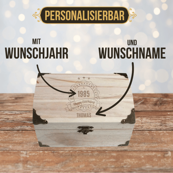 Personalisierte Schatztruhe zum Geburtstag (mit Jahr und Wunschname)