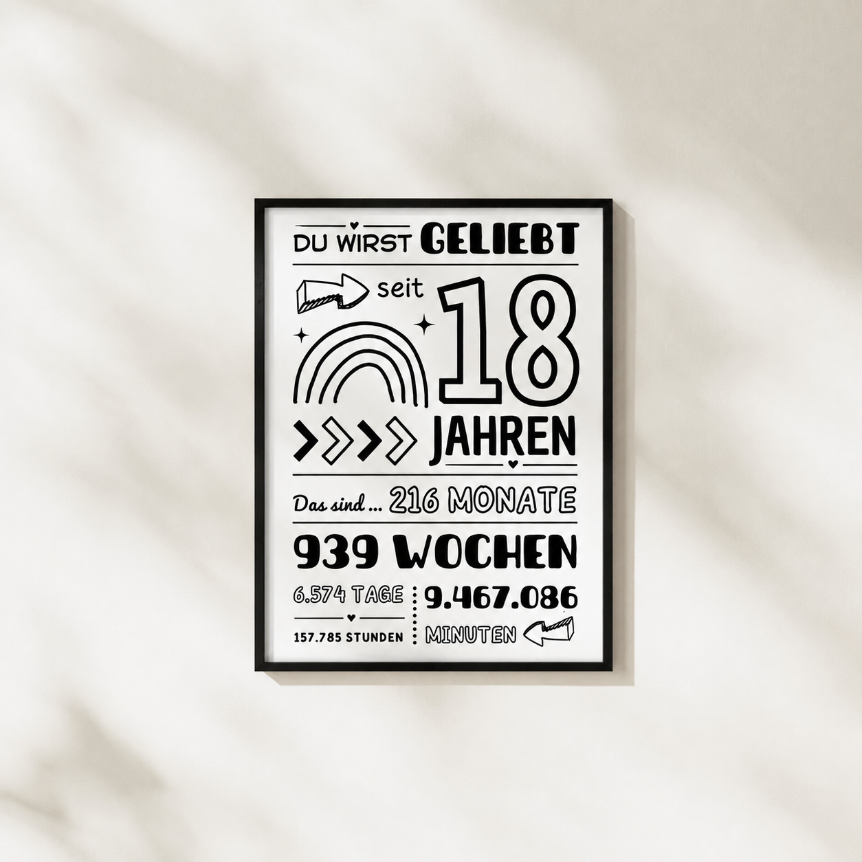 Poster Du wirst geliebt seit 18 Jahren mit schwarzem Bilderrahmen