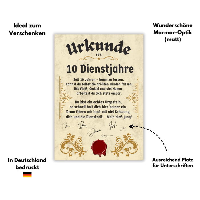 Urkunde 10 Jähriges Dienstjubiläum Eigenschaften