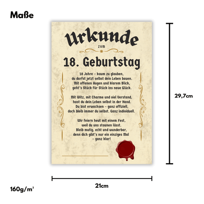 Urkunde zum 18. Geburtstag Maße