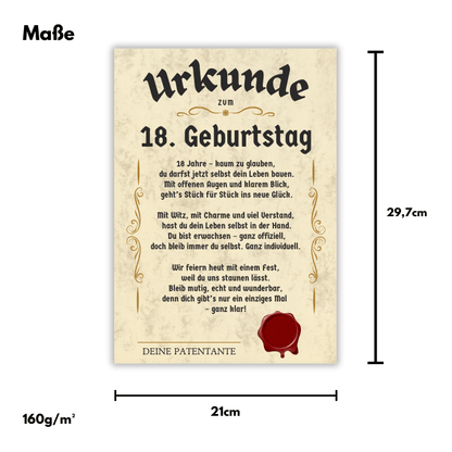 Urkunde Patenkind 18. Geburtstag (von Patentante) Maße