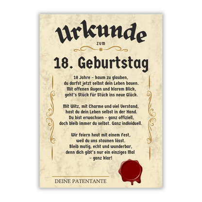 Urkunde Patenkind 18. Geburtstag (von Patentante)
