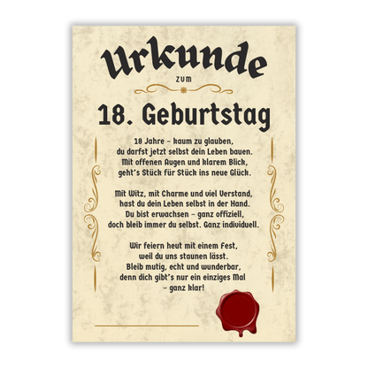 Urkunde zum 18. Geburtstag