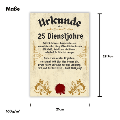 Urkunde 25 Jähriges Dienstjubiläum Maße