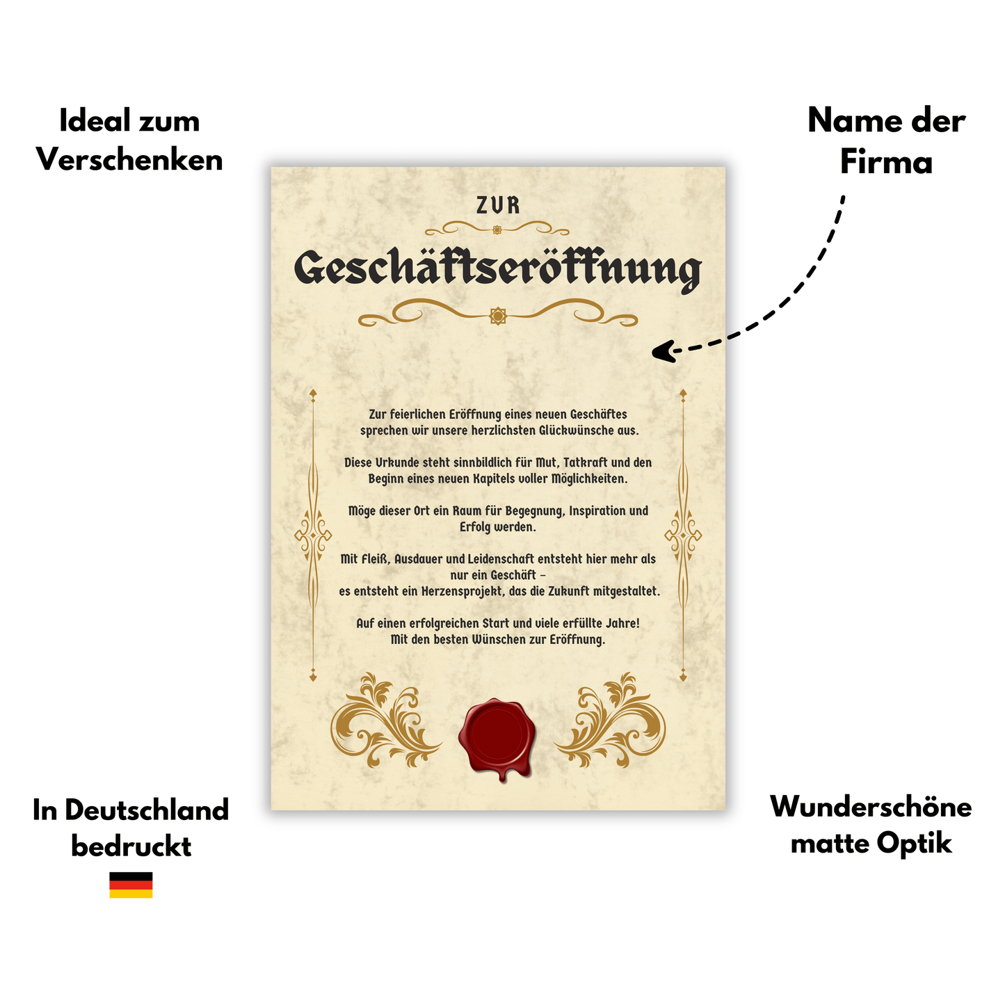 Personalisierte Urkunde zur Geschäftseröffnung Eigenschaften