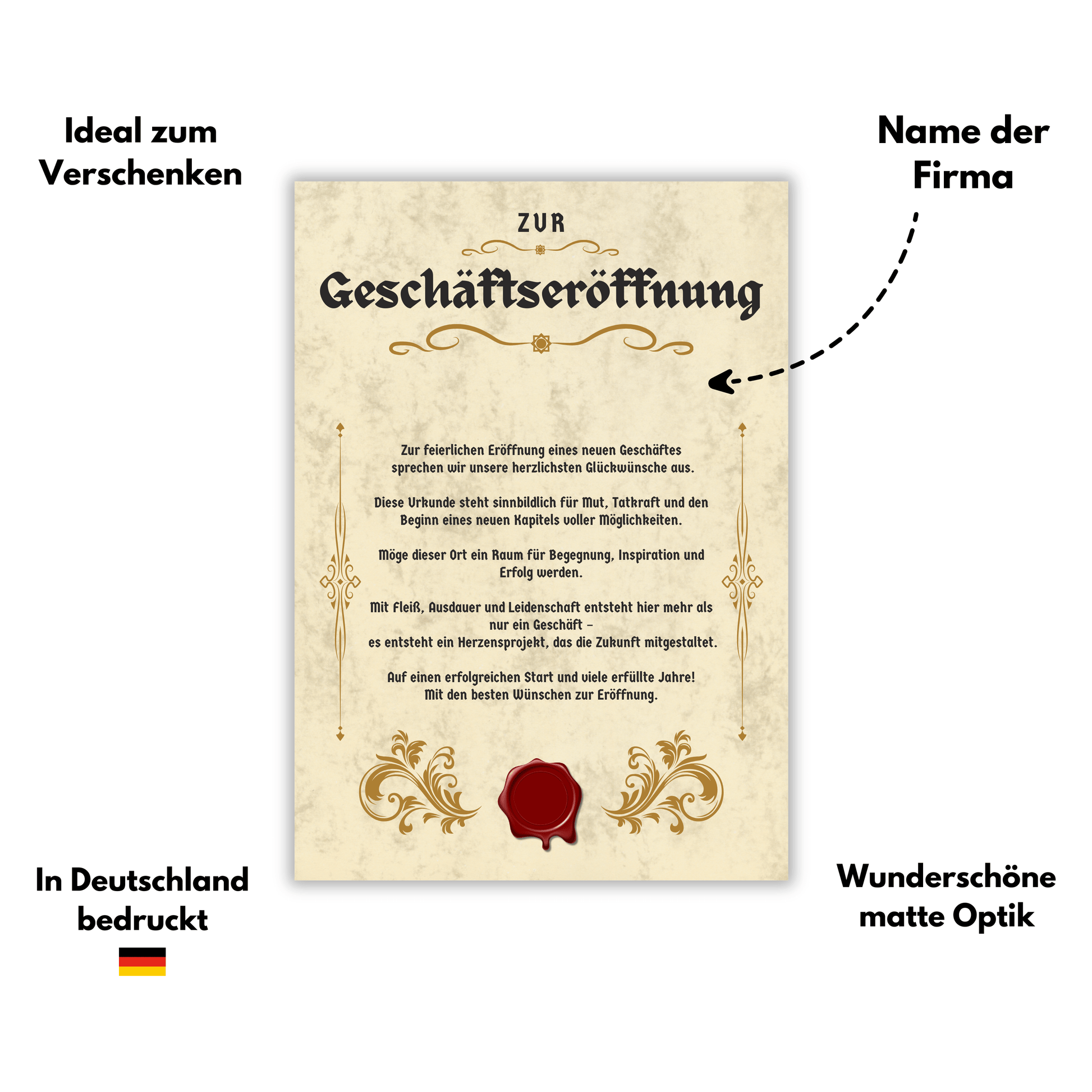 Personalisierte Urkunde zur Geschäftseröffnung Eigenschaften