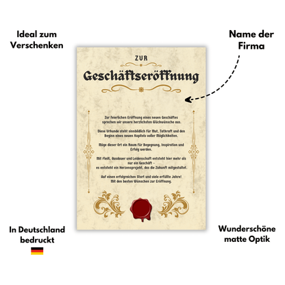 Personalisierte Urkunde zur Geschäftseröffnung Eigenschaften