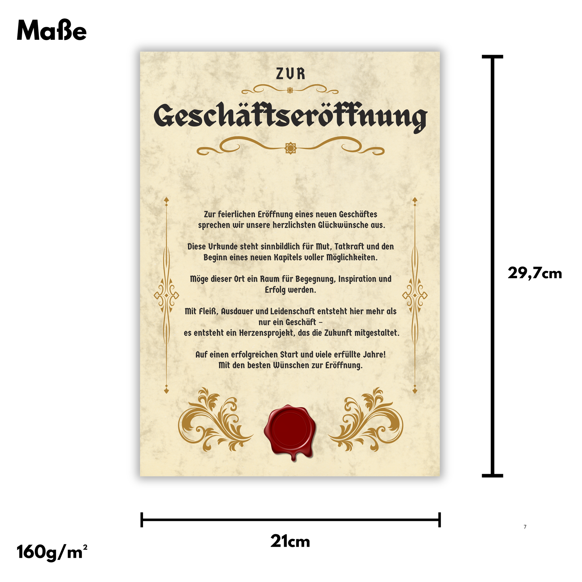 Personalisierte Urkunde zur Geschäftseröffnung maße