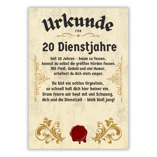 Urkunde 20 Jähriges Dienstjubiläum