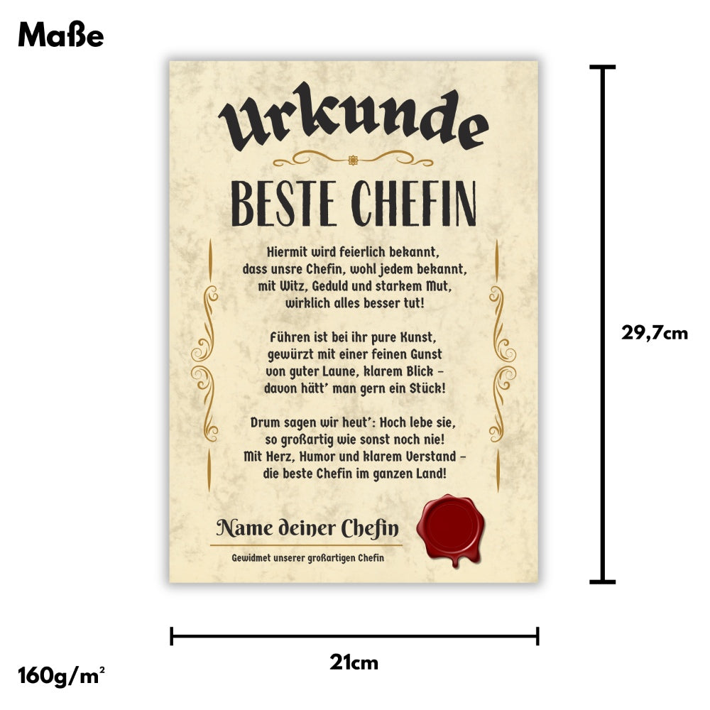 Urkunde "Beste Chefin" (Personalisiert) Maße