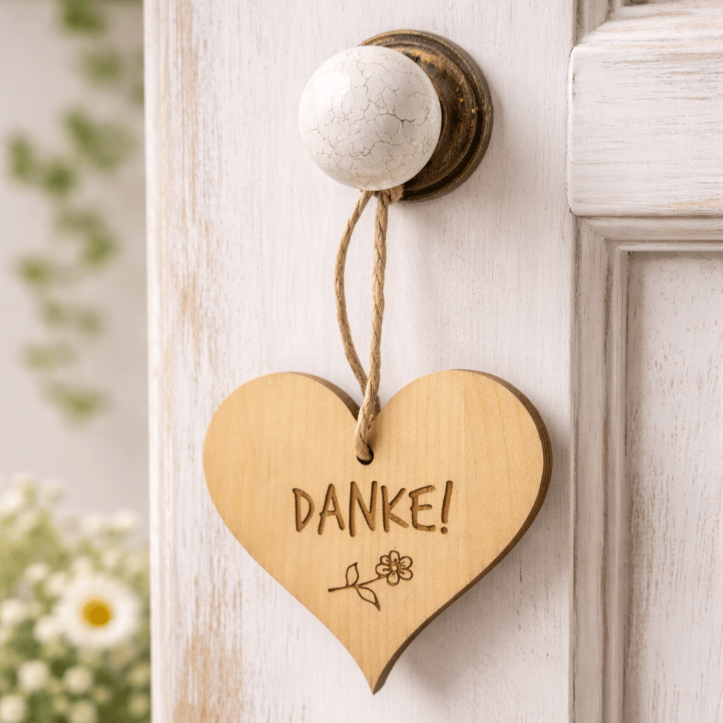 Zirbenholz-Herz mit "Danke" Gravur an der Tür