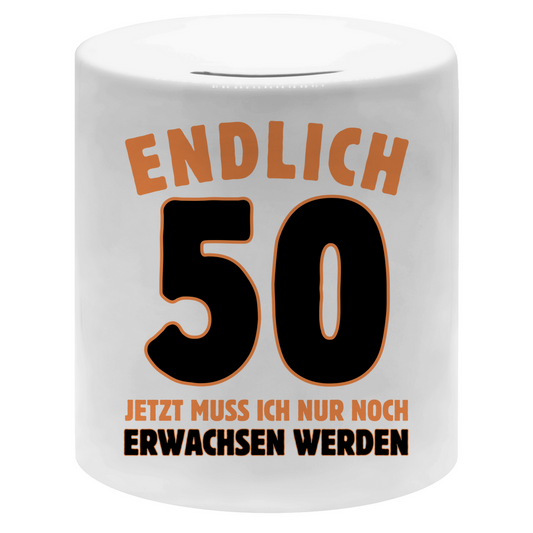 Spardose "Endlich 50" (Orangenes Motiv)