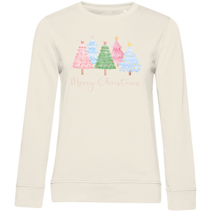 Damen Premium Bio Sweatshirt "Bunte Weihnachtsbäume im Wasserfarben Style"