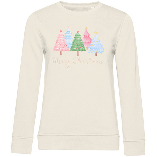 Damen Premium Bio Sweatshirt "Bunte Weihnachtsbäume im Wasserfarben Style"