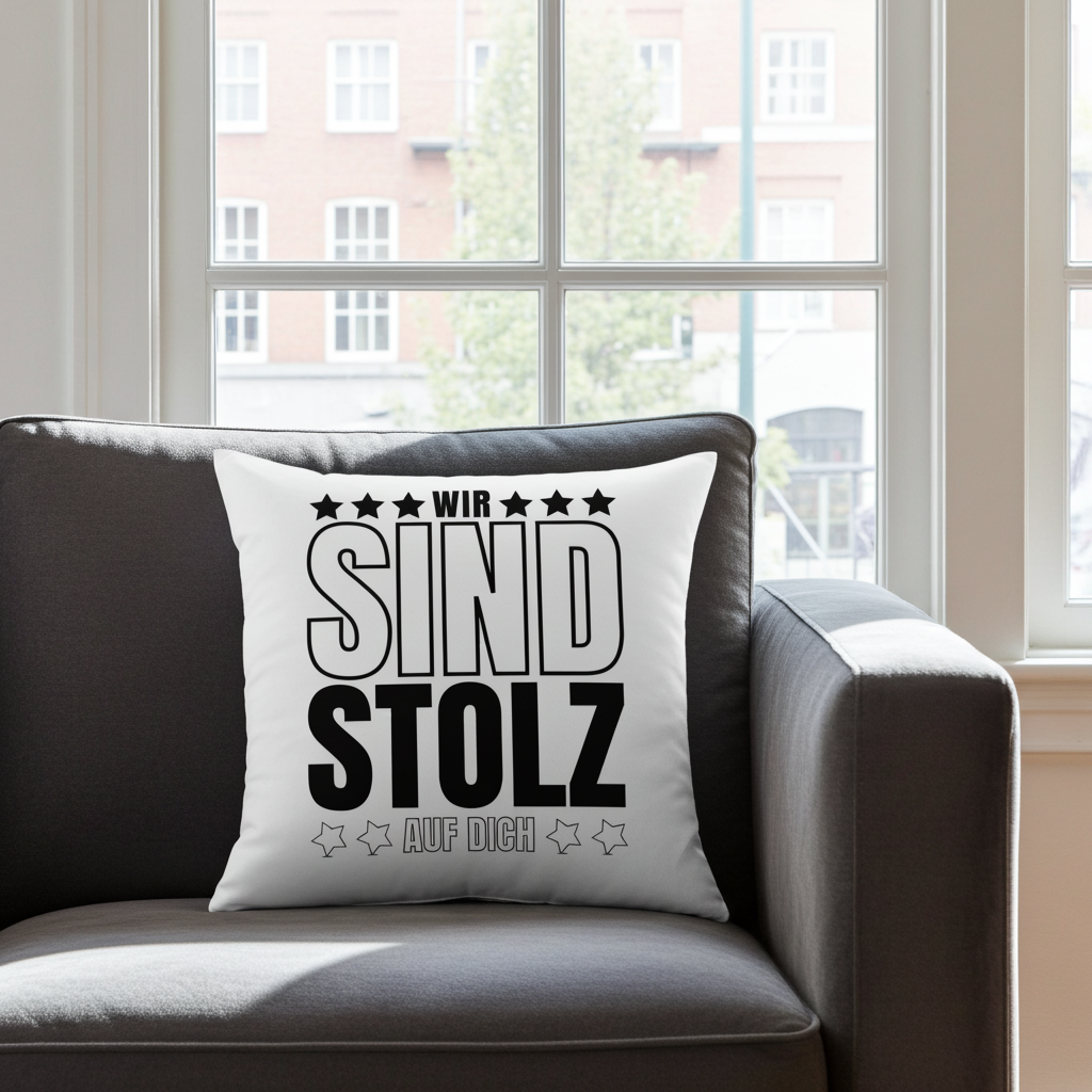 Sofakissen "Wir sind stolz auf dich" (Sternen-Motiv)