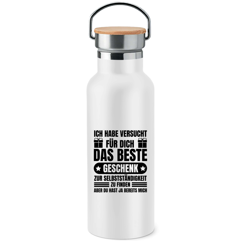 Edelstahl-Trinkflasche mit Bambusdeckel "Das beste Geschenk zur Selbstständigkeit finden"