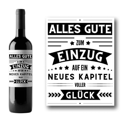 Flaschenetikett zum Einzug eine neuen Nachbars "Alles Gute"