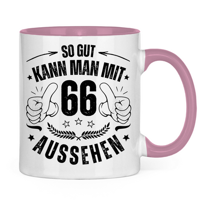 Tasse zweifarbig "So gut kann man mit 66 aussehen"
