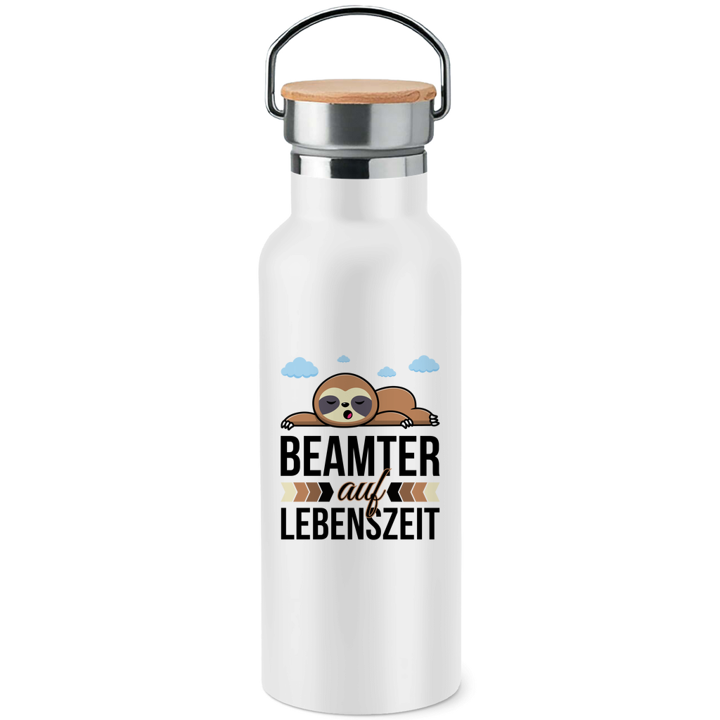 Edelstahl-Trinkflasche mit Bambusdeckel "Beamter auf Lebenszeit" (Faultier)