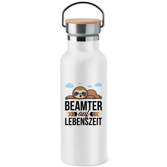 Edelstahl-Trinkflasche mit Bambusdeckel "Beamter auf Lebenszeit" (Faultier)