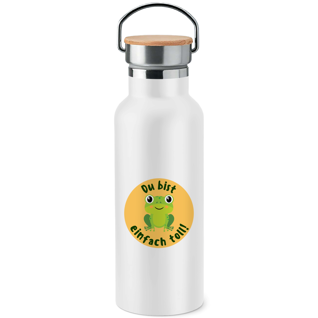 Edelstahl-Trinkflasche mit Bambusdeckel "Du bist einfach toll!" (Frosch-Motiv)