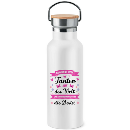 Edelstahl-Trinkflasche mit Bambusdeckel "Es gibt so viele Tanten  - Ich habe die beste"