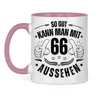 Tasse zweifarbig "So gut kann man mit 66 aussehen" weiß/pink