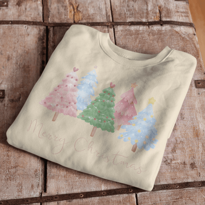 Damen Premium Bio Sweatshirt "Bunte Weihnachtsbäume im Wasserfarben Style"