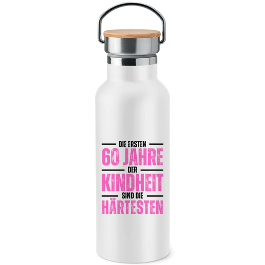 Edelstahl-Trinkflasche mit Bambusdeckel "Die ersten 60 Jahre der Kindheit sind die härtesten" (Pink)