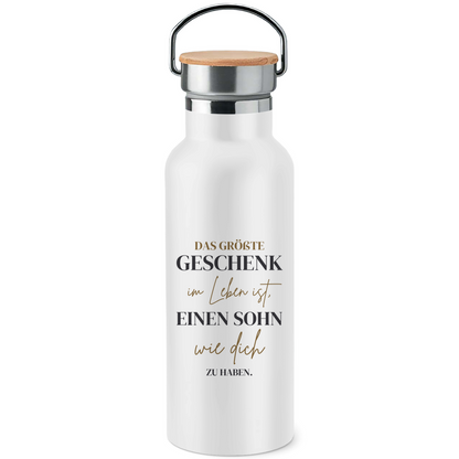 Edelstahl-Trinkflasche mit Bambusdeckel "Das größte Geschenk im Leben" (Sohn)