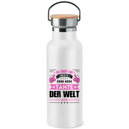 Edelstahl-Trinkflasche mit Bambusdeckel "So sieht die beste Tante der Welt aus"