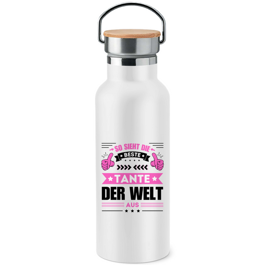 Edelstahl-Trinkflasche mit Bambusdeckel "So sieht die beste Tante der Welt aus"