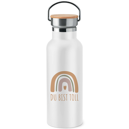 Edelstahl-Trinkflasche mit Bambusdeckel "Du bist toll" (Großer Regenbogen)