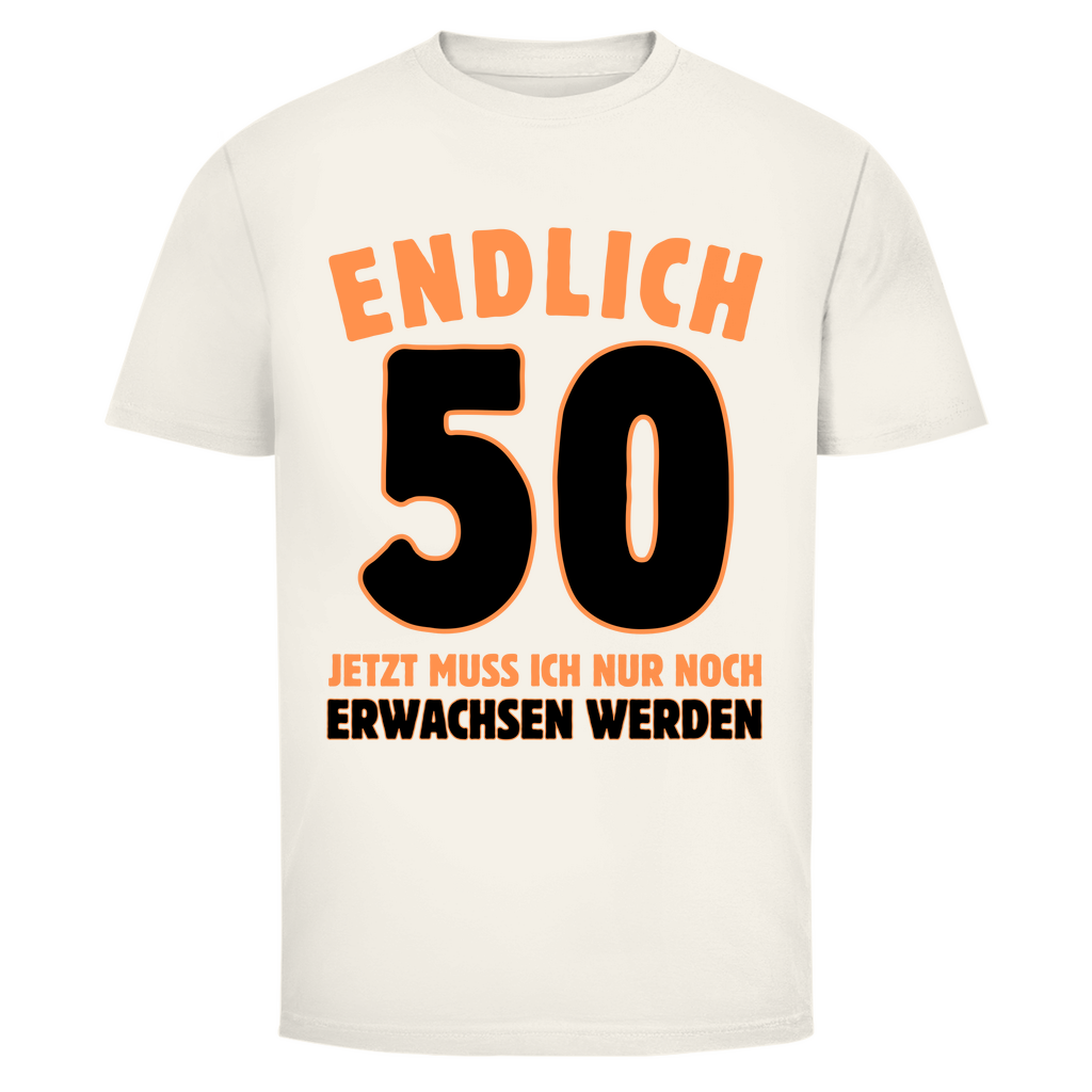 Herren T-Shirt "Endlich 50" (Orangenes Motiv) beige