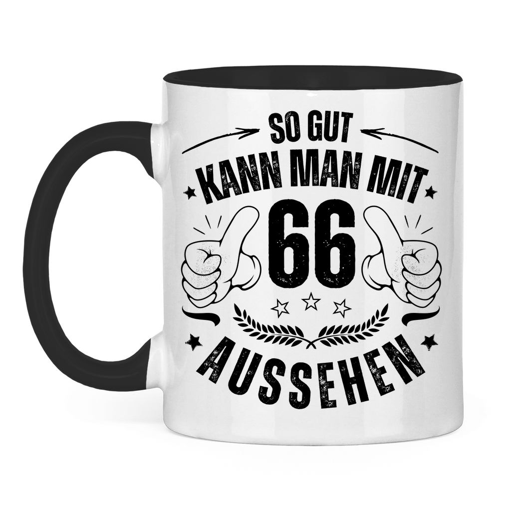 Tasse zweifarbig "So gut kann man mit 66 aussehen" weiß/schwarz