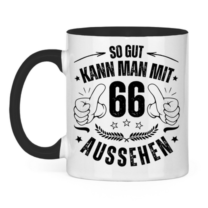 Tasse zweifarbig "So gut kann man mit 66 aussehen" weiß/schwarz