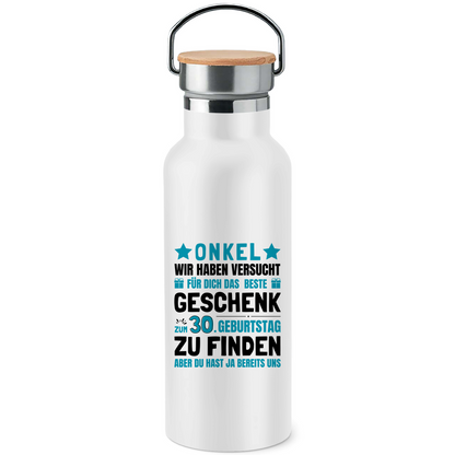 Edelstahl-Trinkflasche mit Bambusdeckel "Onkel 30. Geburtstag Geschenk"