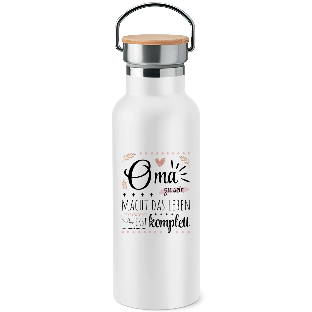 Edelstahl-Trinkflasche mit Bambusdeckel "Oma zu sein macht das Leben erst komplett"