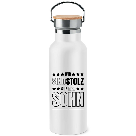 Edelstahl-Trinkflasche mit Bambusdeckel "Wir sind stolz auf dich Sohn"