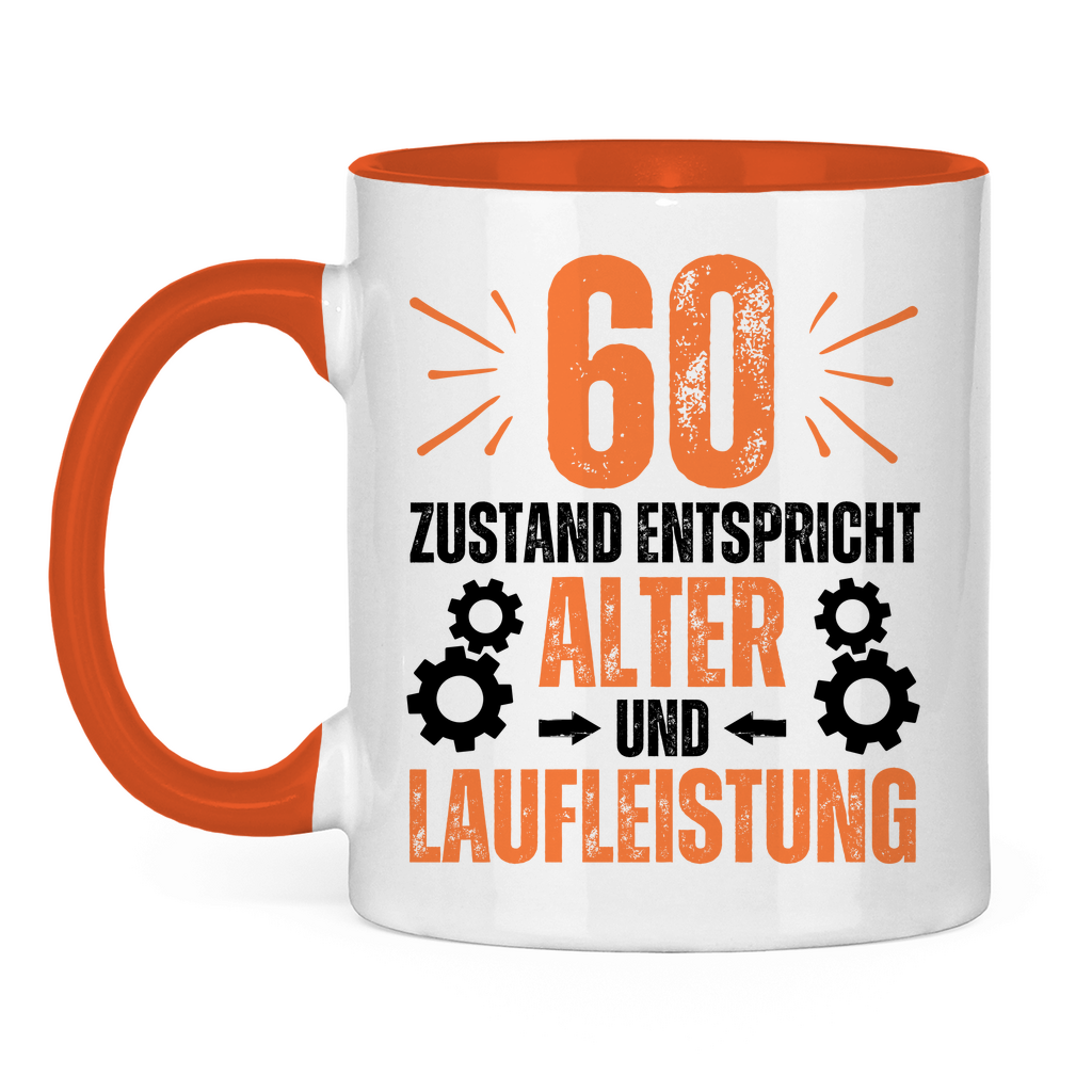 Tasse "60 - Zustand entspricht Alter und Laufleistung" weiß/orange