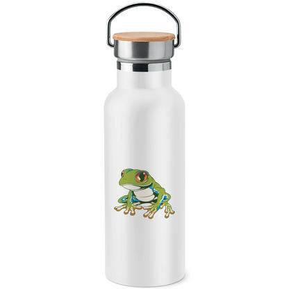 Edelstahl-Trinkflasche mit Bambusdeckel "Frosch mit roten Augen"