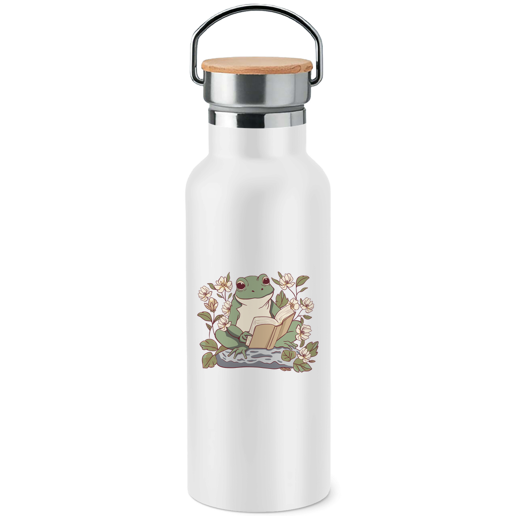 Edelstahl-Trinkflasche mit Bambusdeckel "Frosch liest Buch"