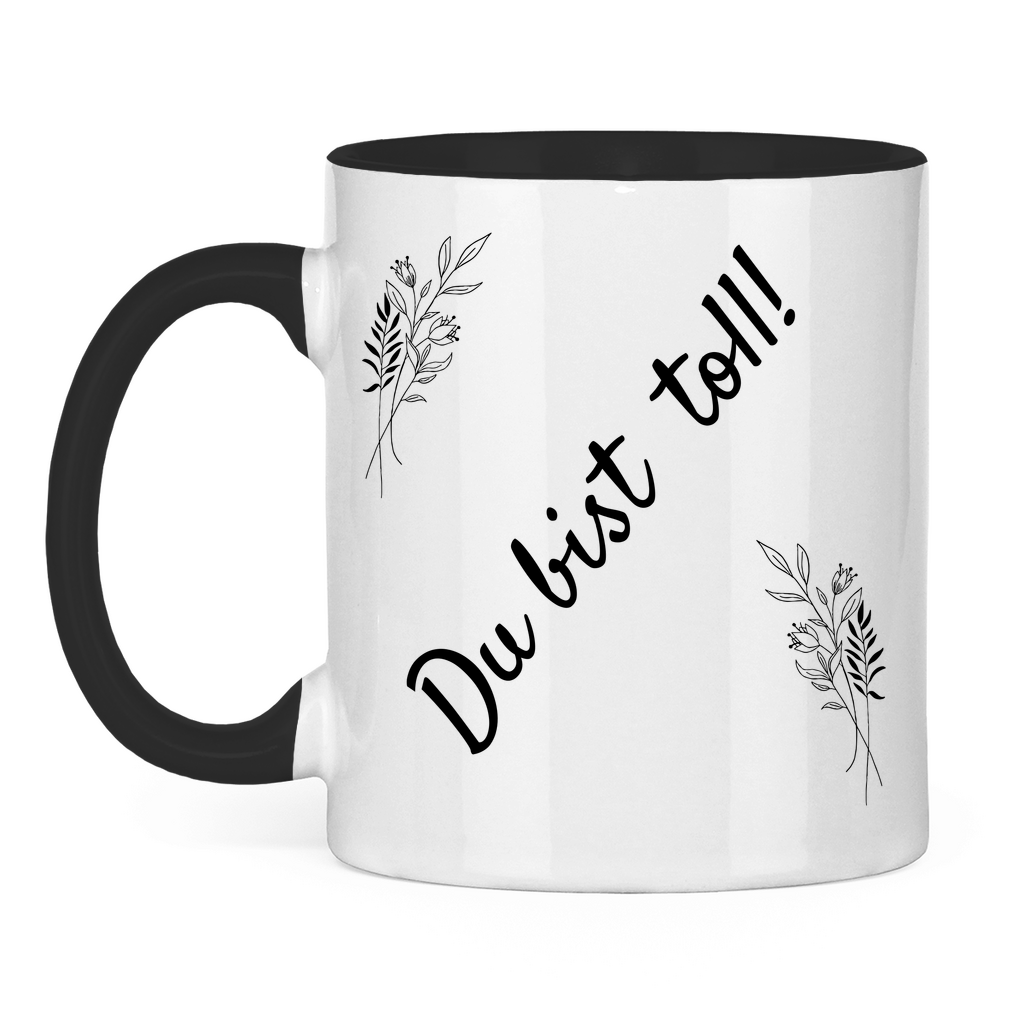 Tasse zweifarbig "Du bist toll" (Blumen-Motiv) schwarz