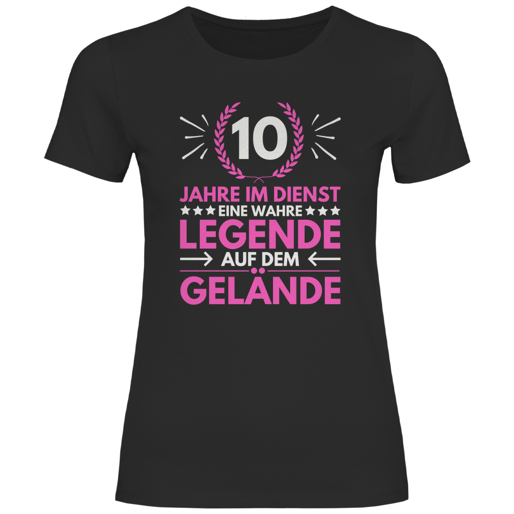 Damen T-Shirt "10 Jahre im Dienst-Legende auf dem Gelände" (Pinkes Motiv) schwarz