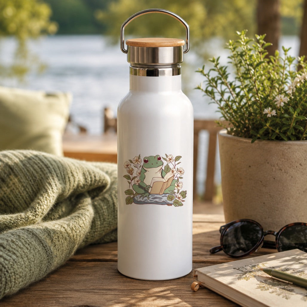 Edelstahl-Trinkflasche "Frosch liest Buch" Lifestylebild