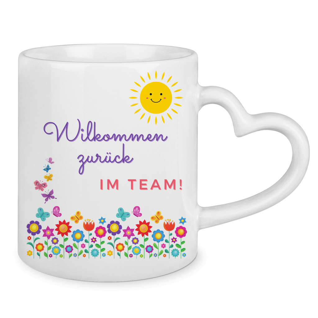 Tasse mit Herzhenkel "Willkommen zurück im Team" (Blumenmotiv)